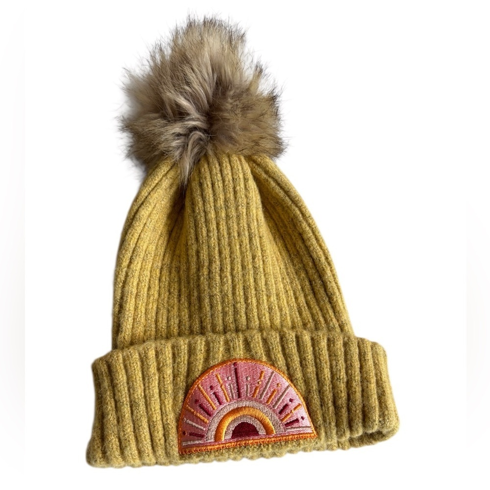 Virginia Wolf Yellow Mustard Knit Beanie with Pink Rainbow Patch and Pompon OS